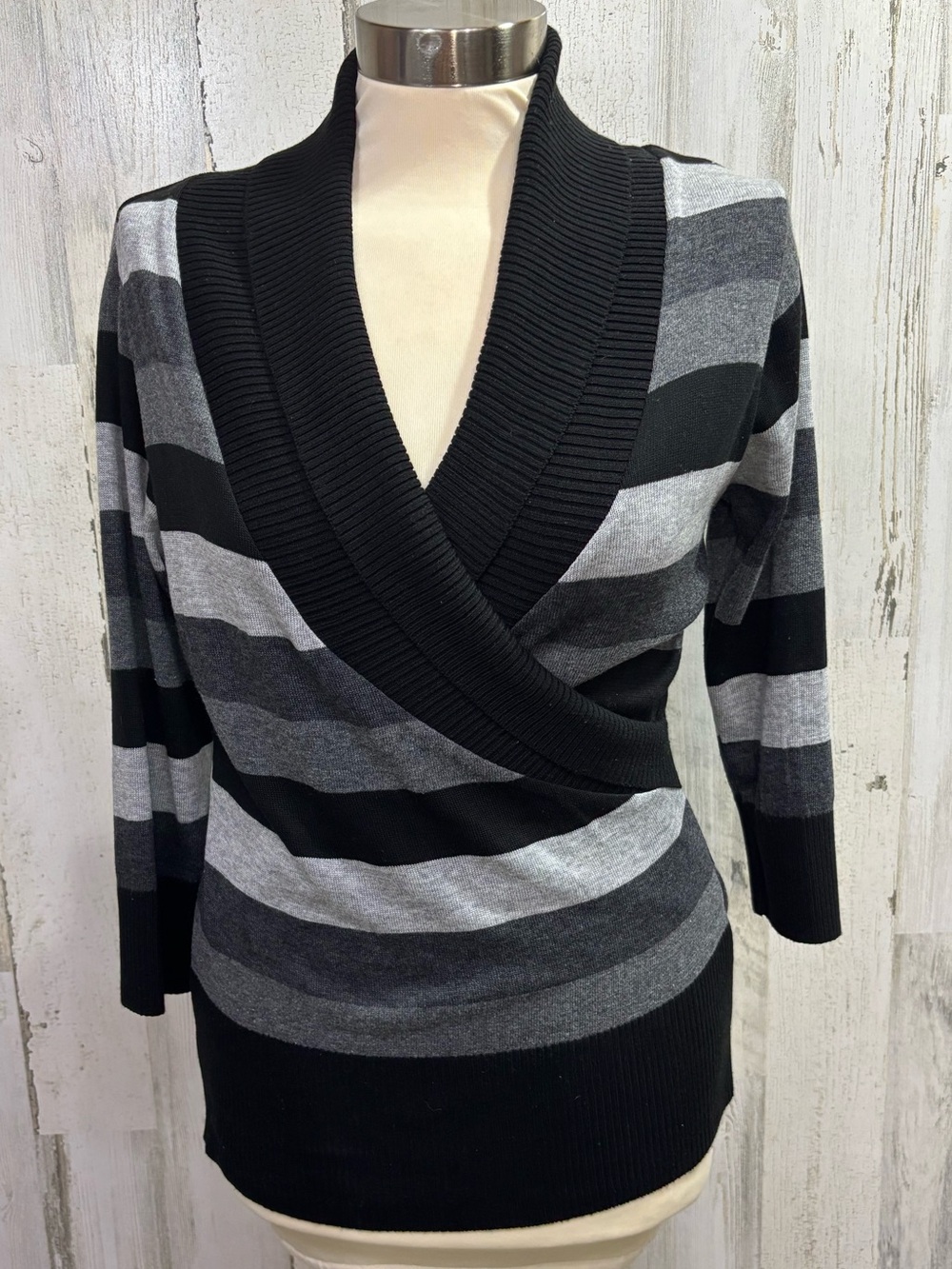 Bwear Black & Gray Striped Mock Wrap Sweater‎